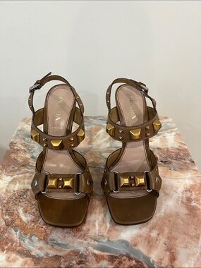 Prada Brown Leather Stud-Embellished Slingback Heels